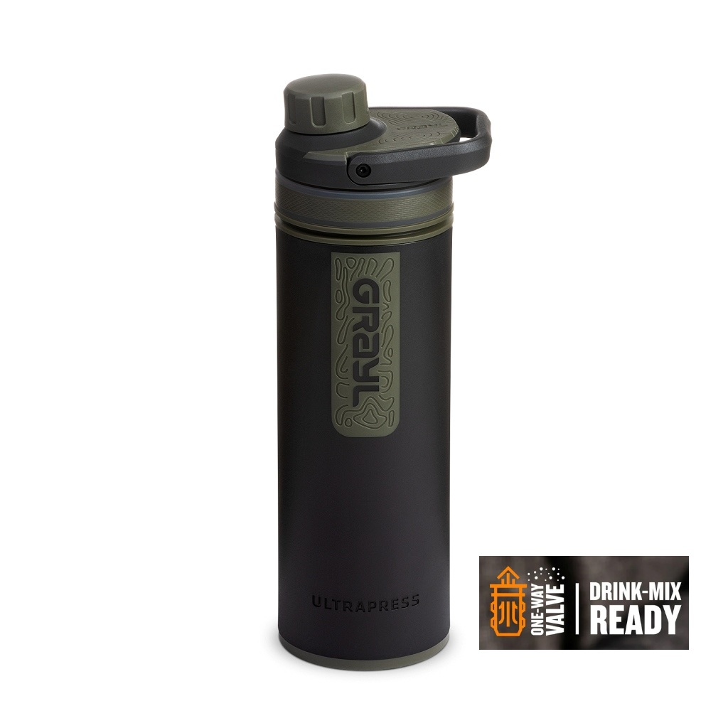 Grayl Ultrapress Water Purifier Bottle 500ml w/ One-Way Valve - Camp Black