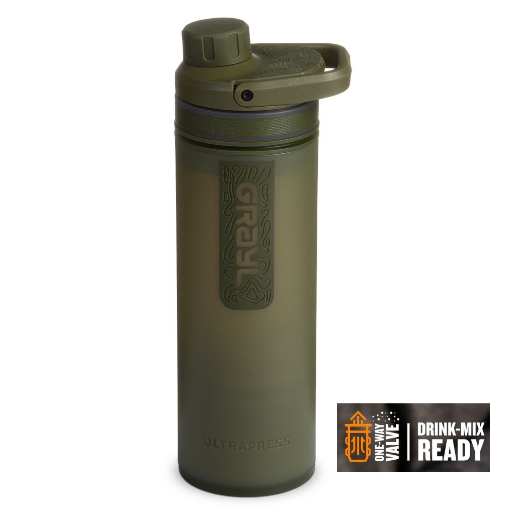 Grayl Ultrapress Water Purifier Bottle 500ml w/ One-Way Valve - Olive Drab
