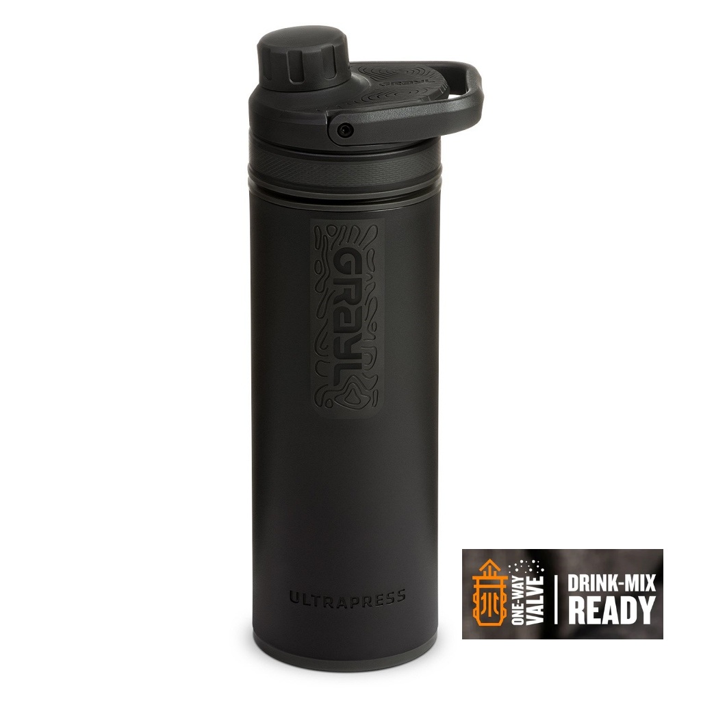 Grayl Ultrapress Water Purifier Bottle 500ml w/ One-Way Valve - Covert Black