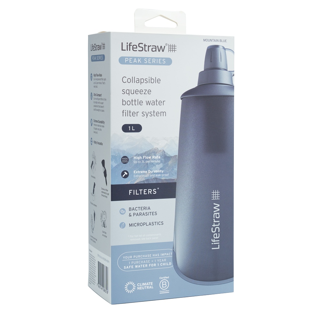 LifeStraw Peak Series Collapsible Squeeze 1L Bottle with Filter - Mountain Blue