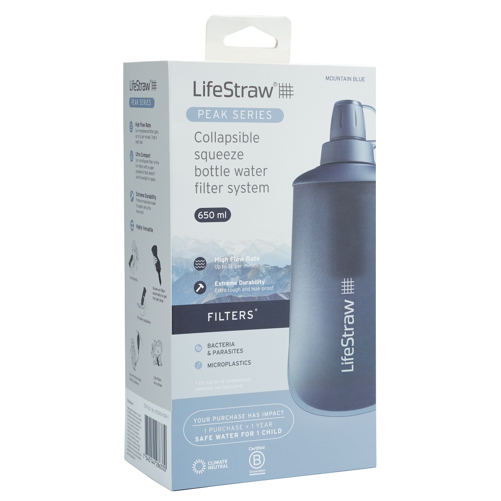 LifeStraw Peak Series Collapsible Squeeze 650ml Bottle with Filter - Mountain Blue