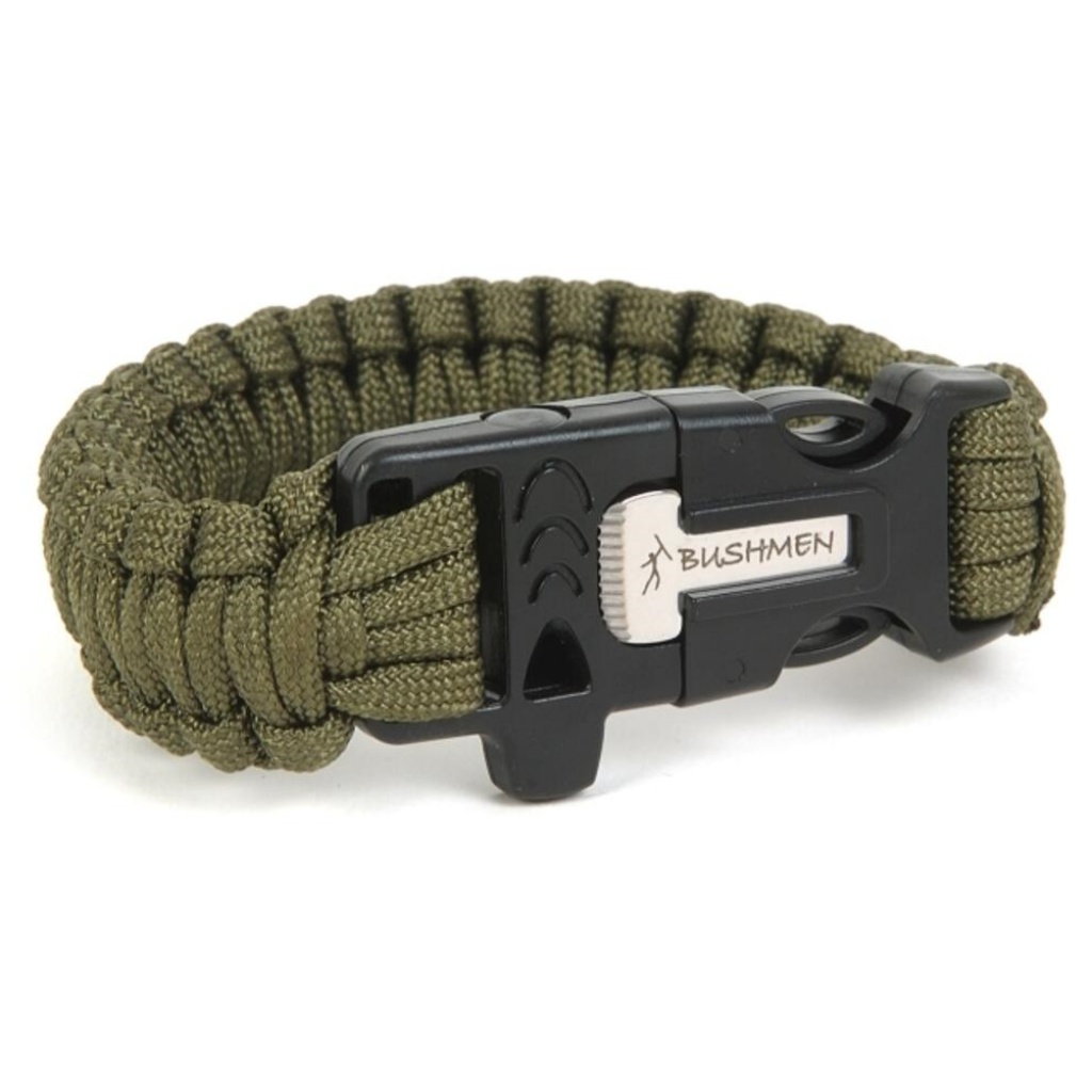Bushmen Survival Bracelet 3 Metres w/ Firestarter & Whistle - Olive Green
